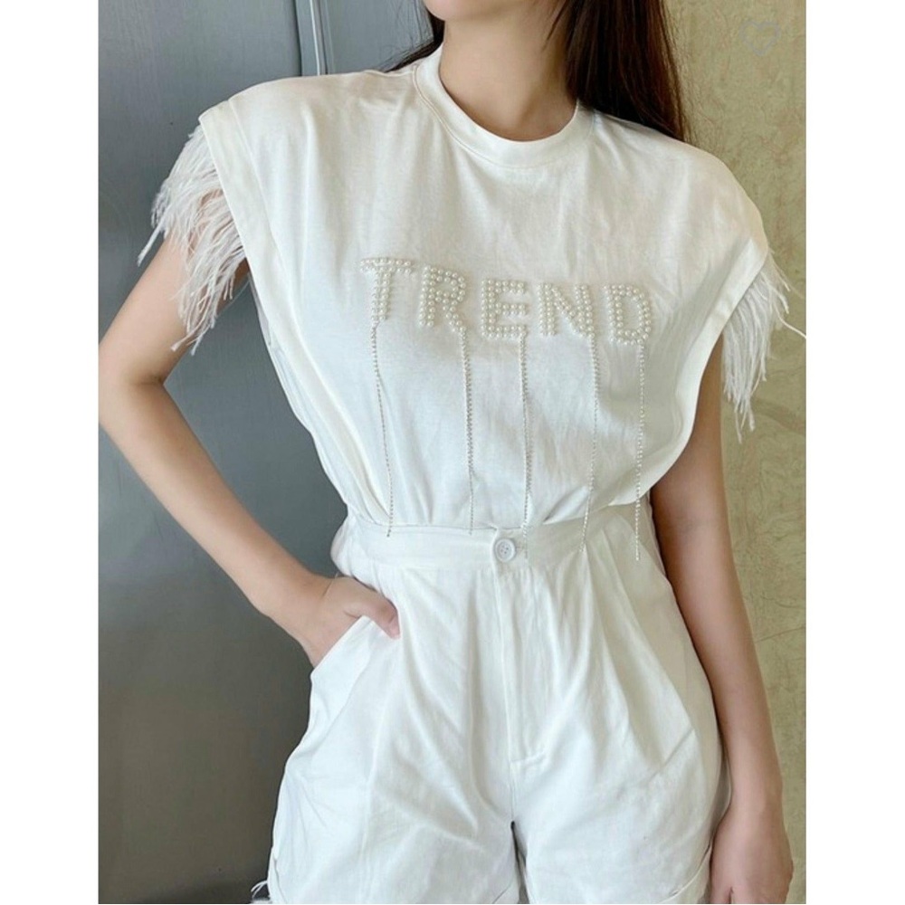White Feather Sleeve Top with Pearl Detail